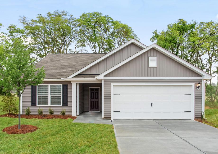 Alamance floor plan with siding, shutters and coah lighting.