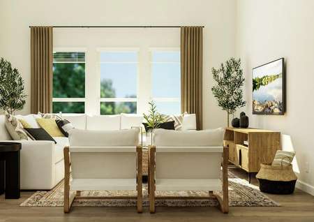 Rendering of living room
  showing three large windows. This room also has a large sectional couch and
  two side chairs.