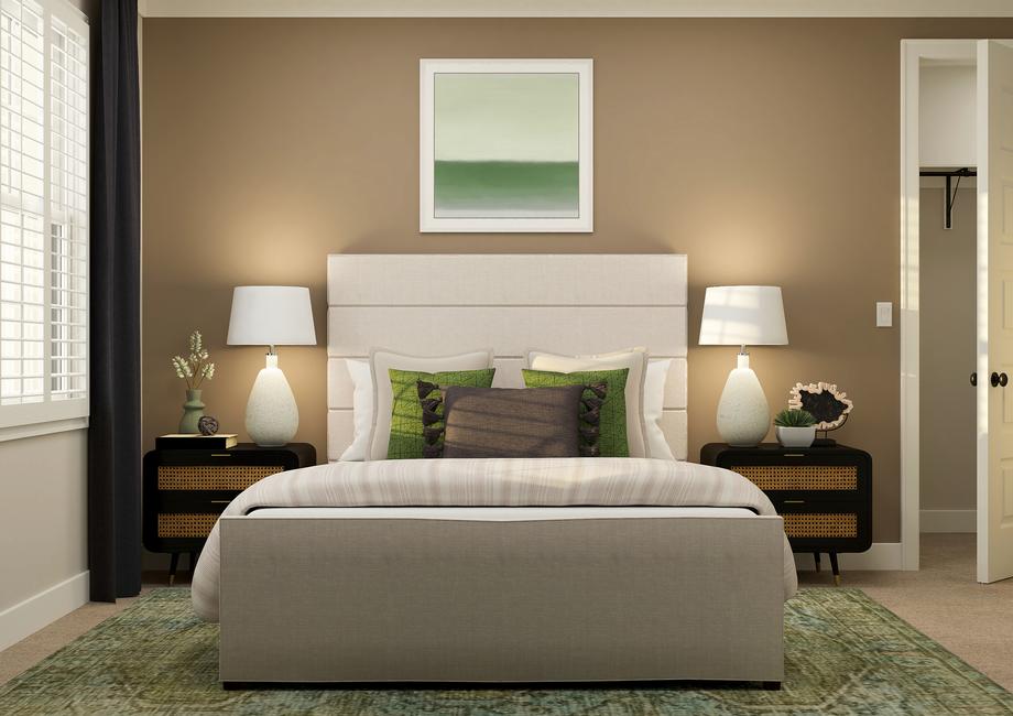 Rendering of bedroom furnished with a large white bed and two dark side tables.