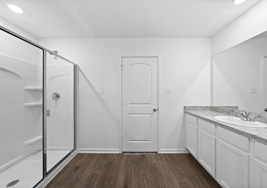 A step-in shower in the master bathroom