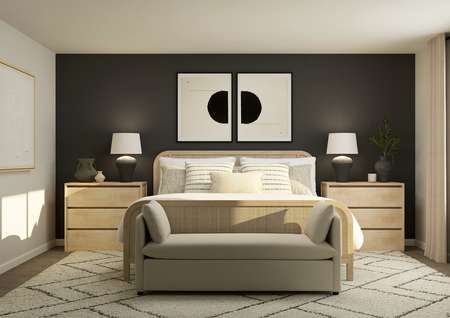 Rendering of a
  bedroom furnished with a white couch and two side tables. There is also a
  bench at the end of the table.