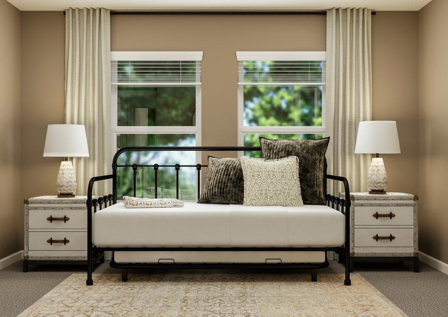 Rendering of a secondary bedroom with a bed and nightstands along two windows looking outside.