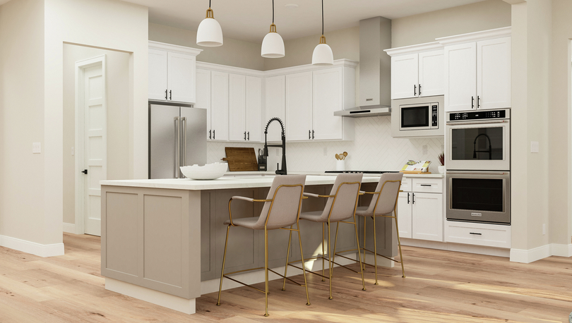 Rendering of the Timberline plan's
  kitchen centered on the large island with three tall stools and pendant
  lights. There are stainless steel appliances and quartz countertops and light
  wood floors throughout.