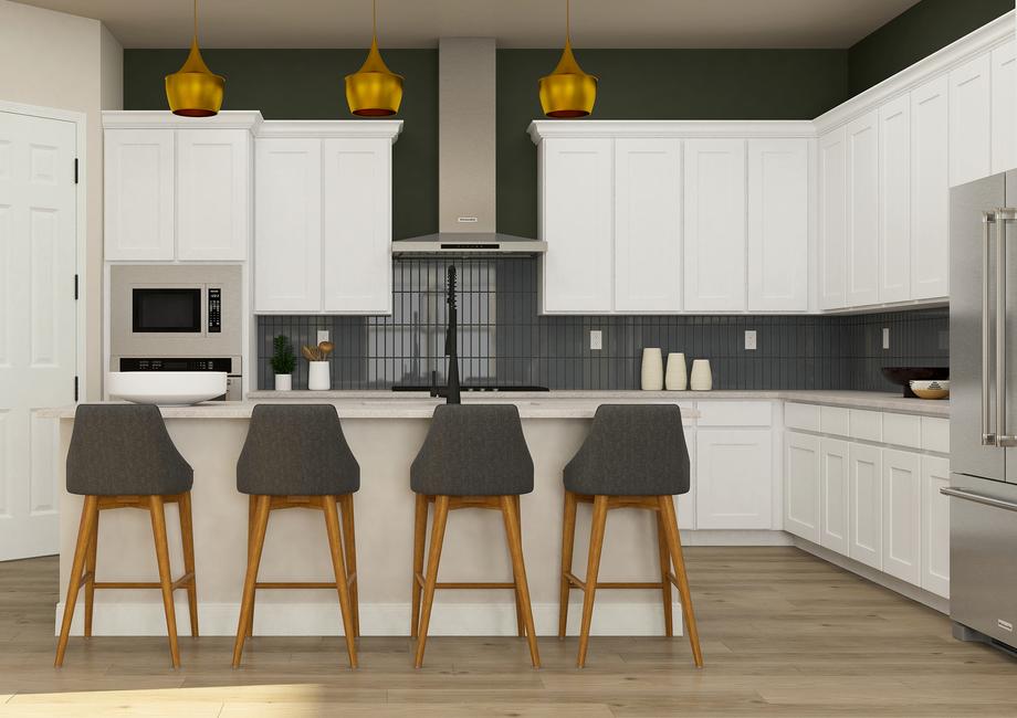Rendering of the beautiful kitchen in the
  Jasmine highlighting the large island with four barstools. The space has a
  tiled backsplash, white cabinetry, KitchenAid appliances and more.