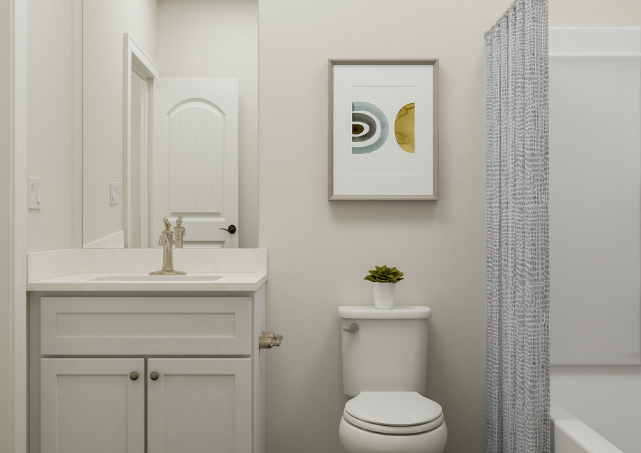 Rendering of a  full bath focused on the white cabinet vanity. Beside it is the toilet and  shower with patterned curtain.
