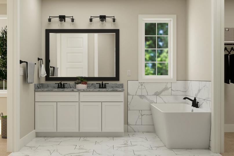 Rendering of master bathroom showing the
  double-sink vanity next to a large white soaking tub.Â 