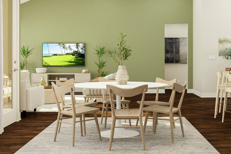 Rendering of a dining space showing a
  round table and chairs under a black light fixture on a white rug, all in
  front of a living and kitchen space with dark wood look flooring throughout.