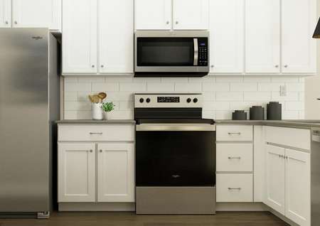 Rendering of kitchen with white cabinetry
  and stainless-steel appliances.