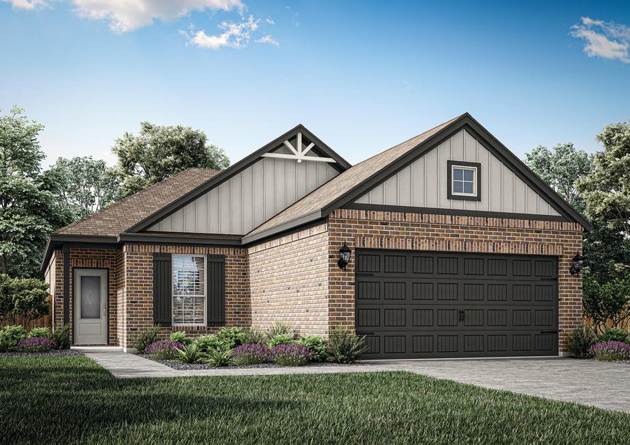 A one-story home with a two-car garage