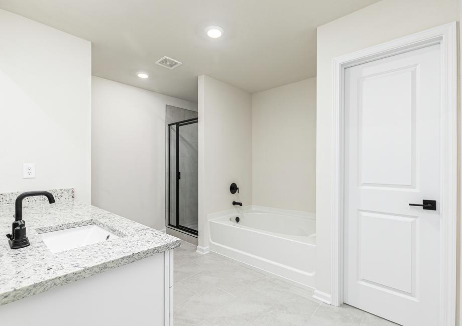 This beautiful master bathroom has plenty of counter space, a bath tub and walk-in shower