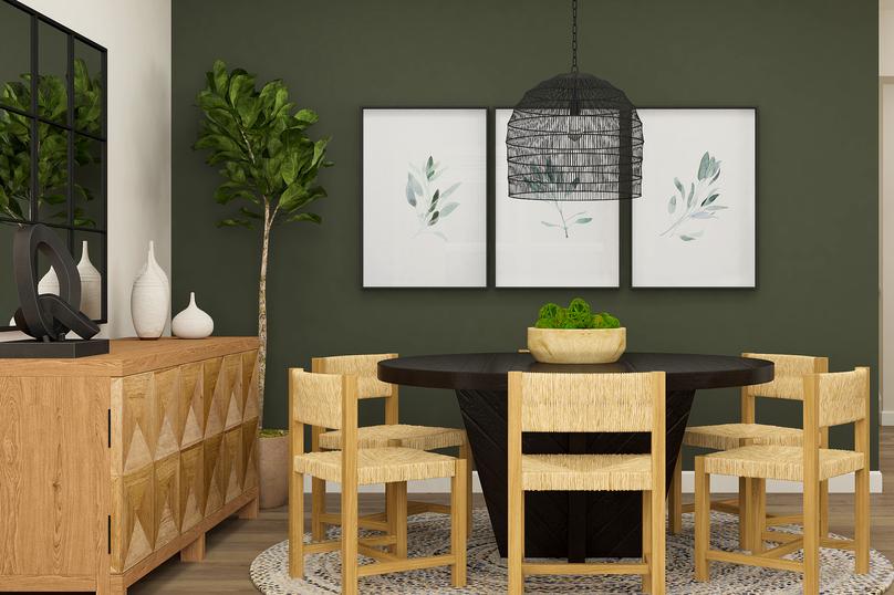 Rendering of the
  dining room in the Superior floor plan. The room has a round six-person
  table, round rug and a buffet. It is decorated with a potted tree, mirror and
  leaf artwork.