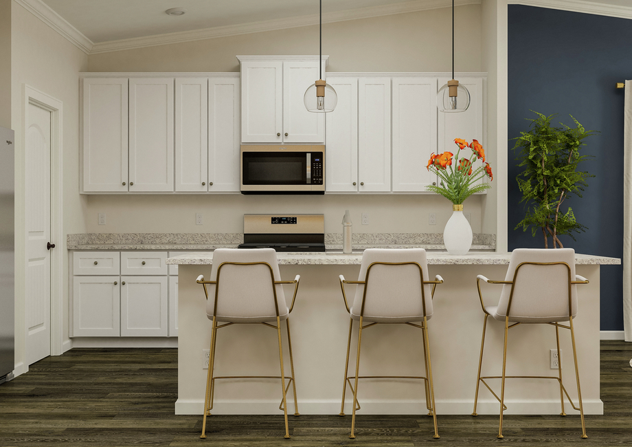 Rendering of the beautiful kitchen in the  Burton, with white cabinetry and a spacious island. The home comes with  granite countertops and stainless steel appliances.