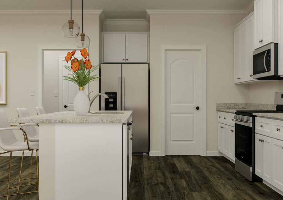 Rendering of the kitchen with white  cabinetry, Whirlpool brand appliances, granite countertops and vinyl plank  wood flooring. The kitchen has a large island.