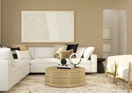 Rendering of living room furnished with a
  large white couch and two side chairs.