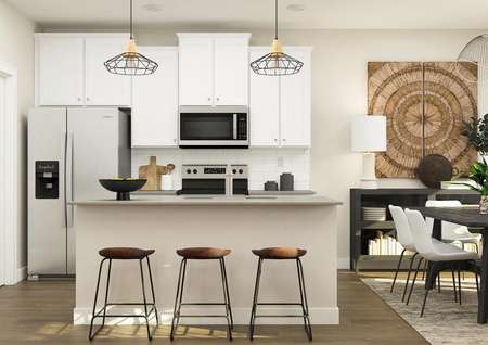 Rendering of the kitchen with white
  cabinetry and stainless-steel appliances. The dinning table can be seen next
  to the kitchen.