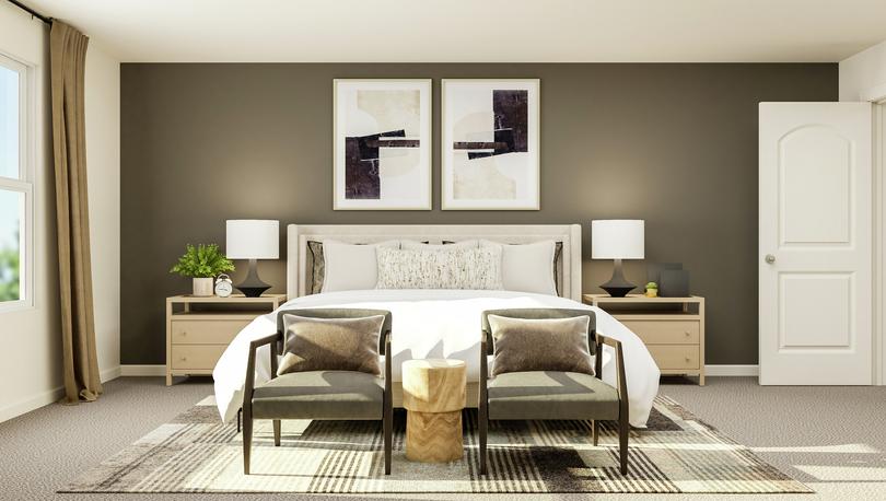 Rendering of the owner's suite, featuring
  oversized bedroom furniture and a plush seating area.