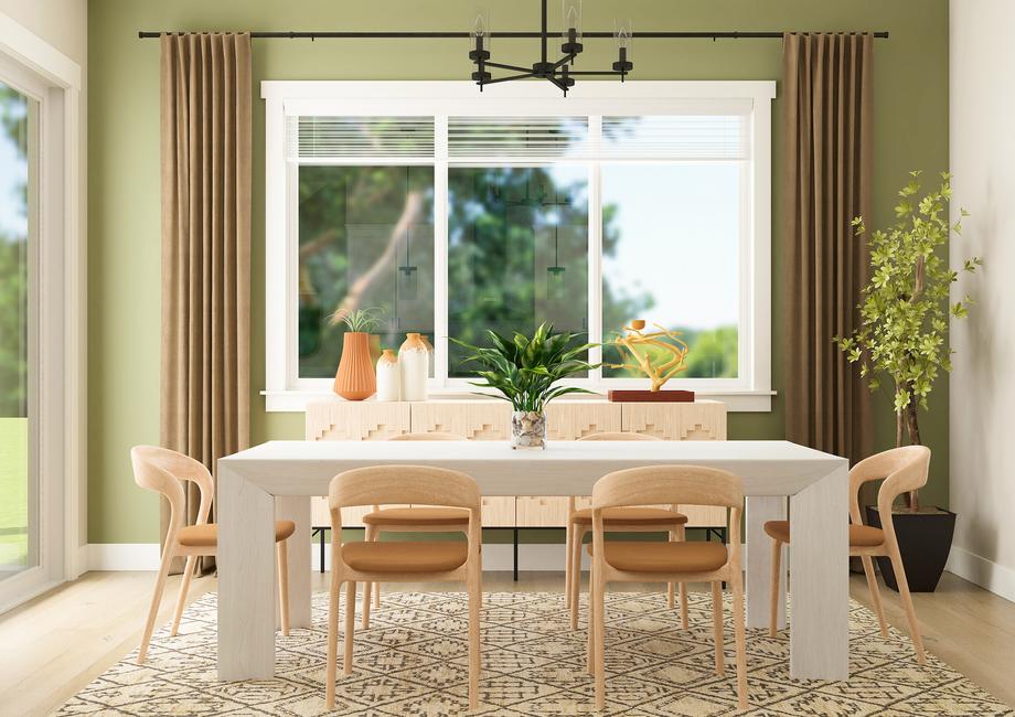 Rendering of dining room with a
  six-person table surrounded with 6 brown chairs.