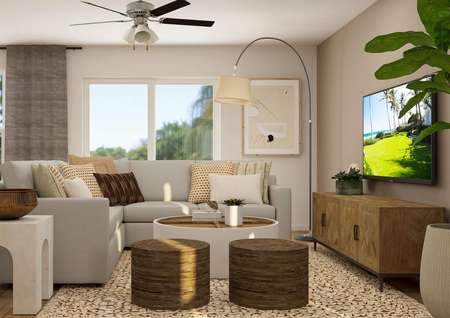 Rendering of a living room furnished with
  a grey sectional couch and a white coffee table. 