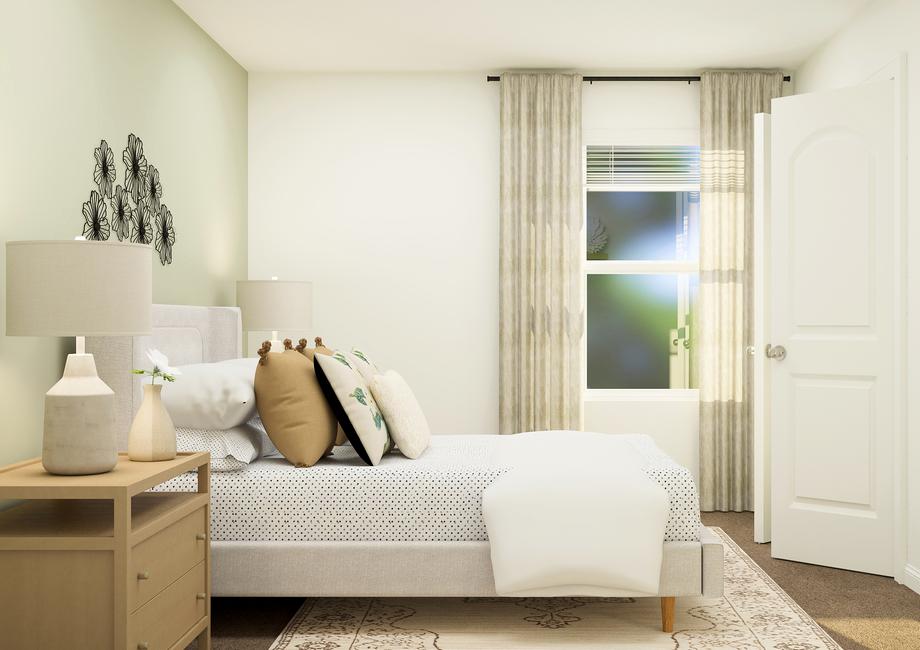 Rendering of a secondary bedroom
  featuring large bedroom furniture along a light green accent wall.