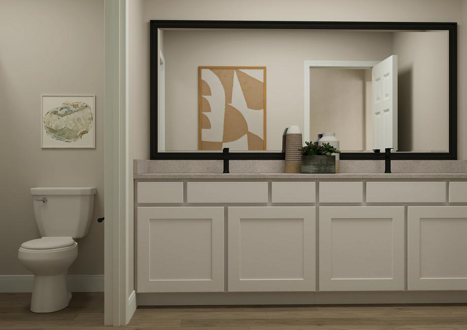 Rendering of a large full bath with a
  double-sink vanity. The shower and toilet are separated by a doorway.Â 