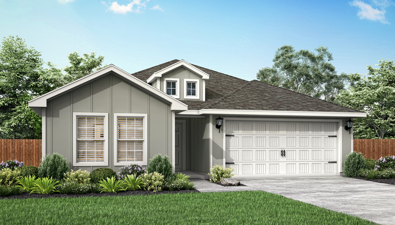 The Sabine has two front windows and light gray, vertical siding.