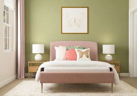 Rendering of a girl's room furnished with
  a pink bed and two nightstands. The room has two windows and is decorated
  with pink curtains and butterfly artwork.