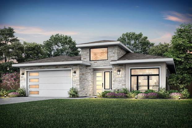 Exterior dusk elevation rendering of the Melton.
