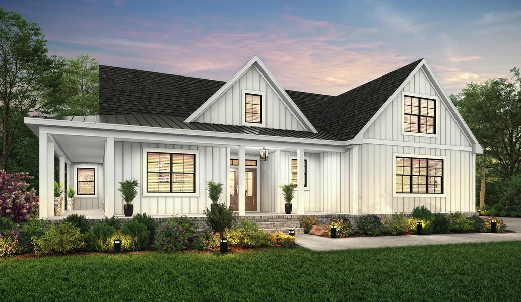 Dusk elevation rendering of the two-story Kennesaw with a wraparound porch and white siding.