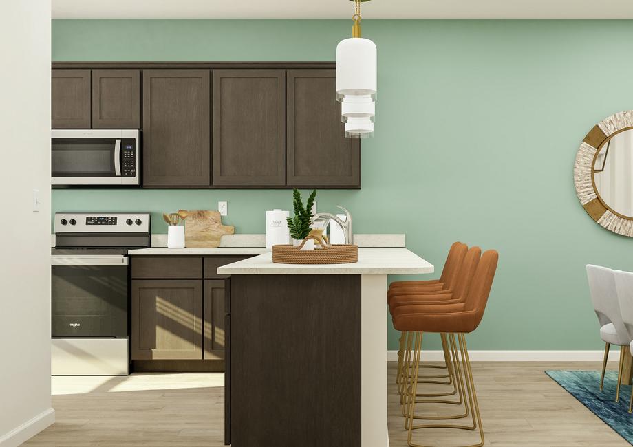 Rendering of the spacious kitchen
  showcasing wood cabinetry, stainless steel appliances and granite
  countertops.