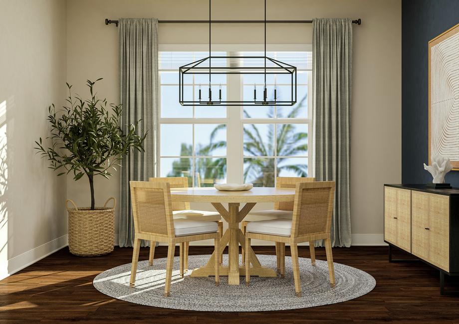 Rendering of dining room showing a round
  table and chairs with light fixture above a large window and surrounding
  dÃ©cor with dark wood look flooring throughout.