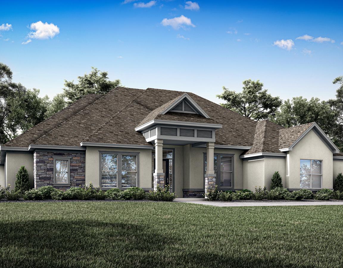 Two-story Timberland elevation rendering at dusk with stucco and stone accents.