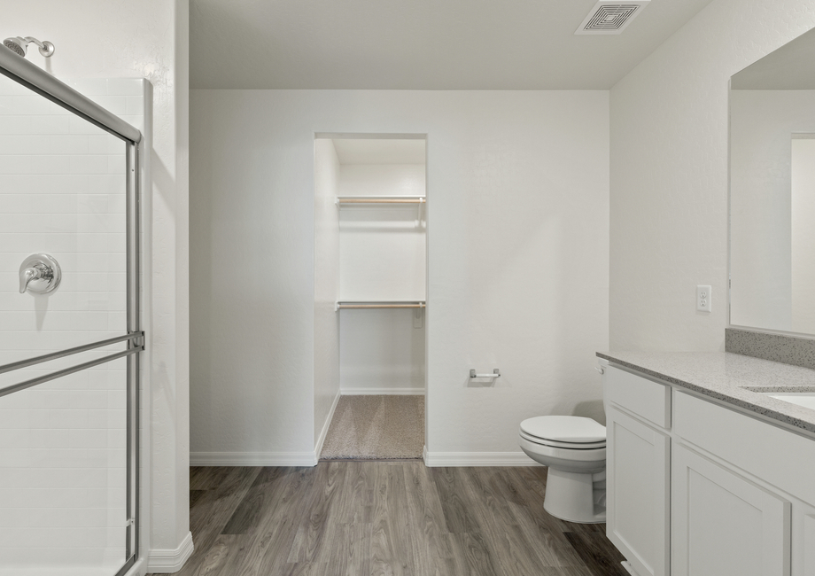 The master bathroom of the Castle has a large glass, walk-in shower.