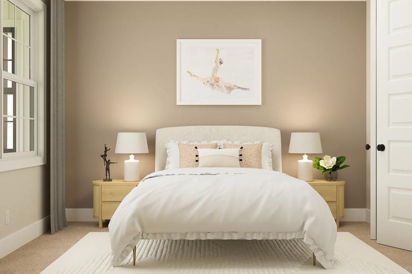 Rendering of bedroom with a large bed and
  two nightstands. This room also has a large window.