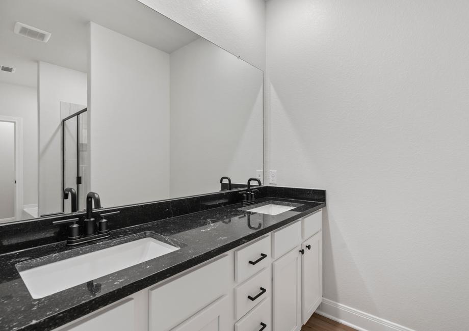 Master bathroom with dual-sink vanity, black counters, and white cabinets.