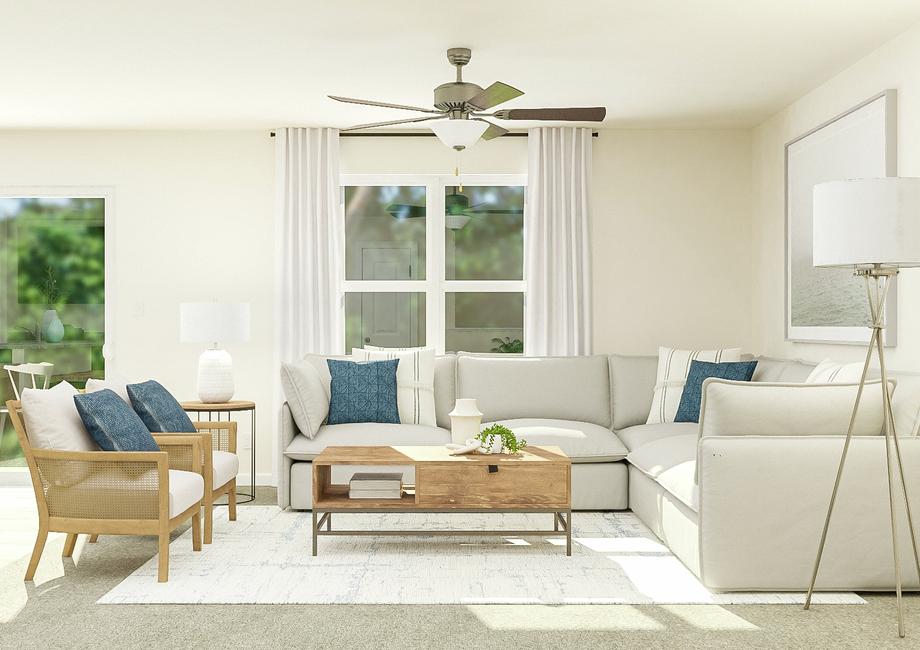 Rendering of the spacious living room in
  the Hennepin, which is furnished with a sectional, rectangular coffee table,
  two armchairs and a side table. A large window and sliding glass door provide
  natural light.