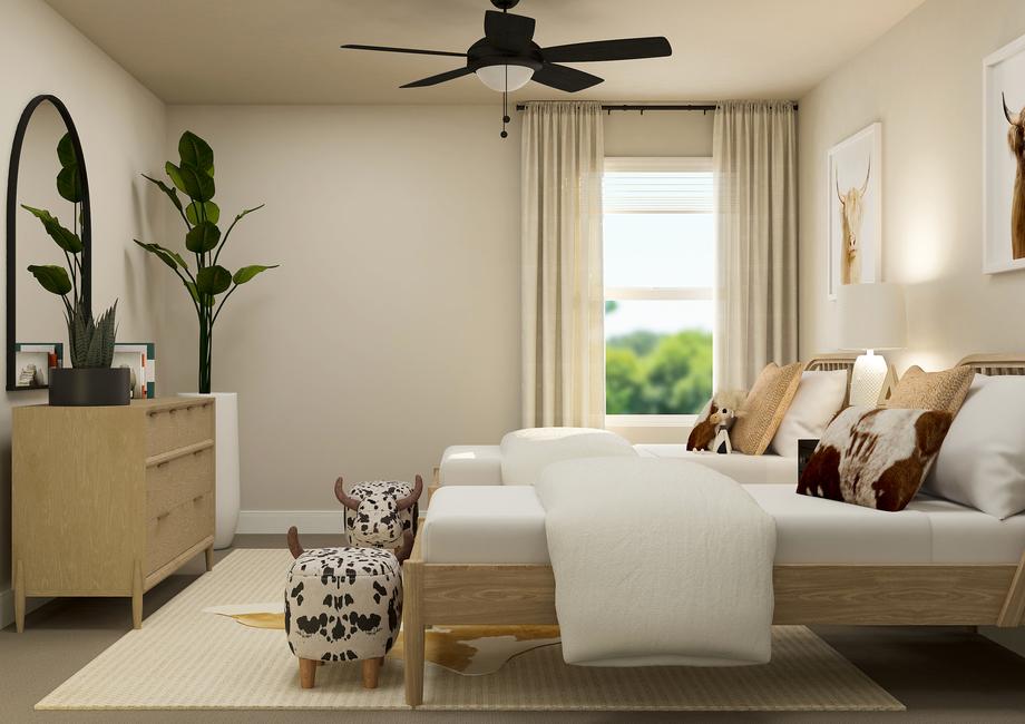 Rendering of a bedroom with two twin
  beds, a dresser, potted tree and cow artwork. The room has a ceiling fan and
  window.