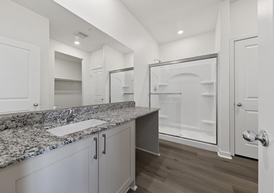 The master bathroom has a step in shower. 