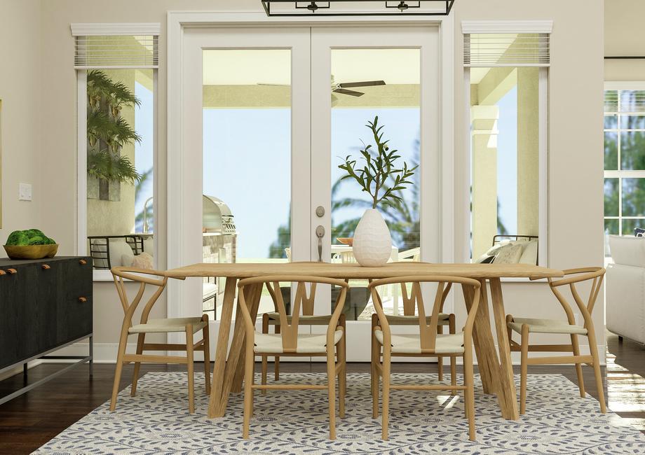 Rendering of a dining space showing a
  large dining table and chairs in front of large glass doors next to a media
  cabinet and a view of the living area with dark wood look flooring
  throughout.