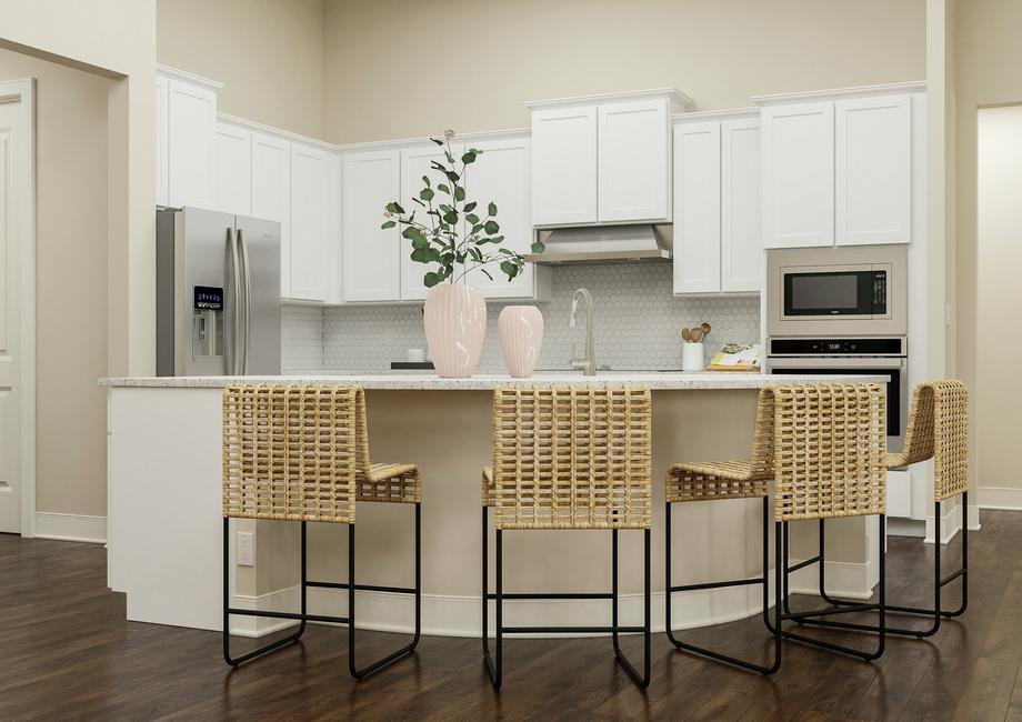 Rendering of a spacious kitchen showing
  white cabinetry and stainless steel appliances with a large island and chairs
  with dark wood look flooring throughout.