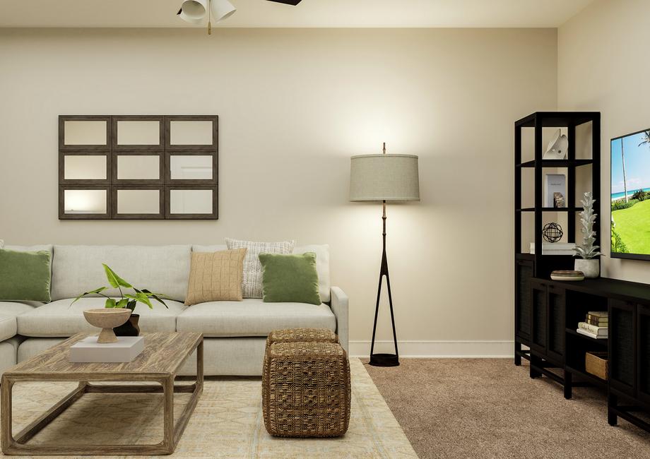 Rendering of loft space showing white
  couch and coffee table on left and black media cabinet and tv on right with
  beige carpet flooring throughout.