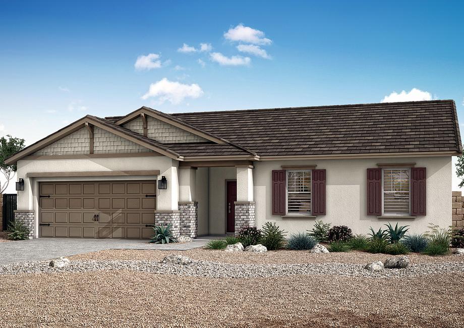 The Coronado plan has a stucco exterior with shake siding and brick.