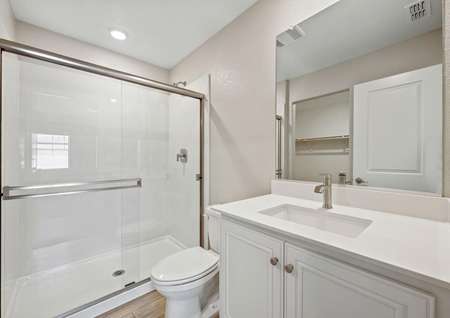 The bathroom has a step in shower and large vanity.