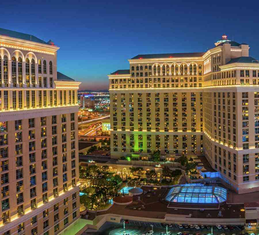 Las Vegas, Nevada strip at night with hotels and casinos, amusements, and roadways below