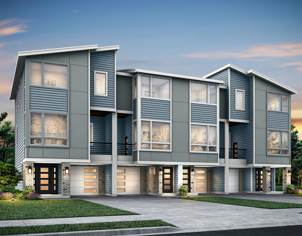 Dusk rendering of the Adeline and Madelyn townhomes.