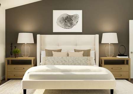 Rendering of the master bedroom furnished
  with a large white bed and two side tables. 