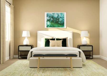Rendering of a secondary bedroom
  featuring large furniture and modern décor with plush carpet flooring
  throughout.