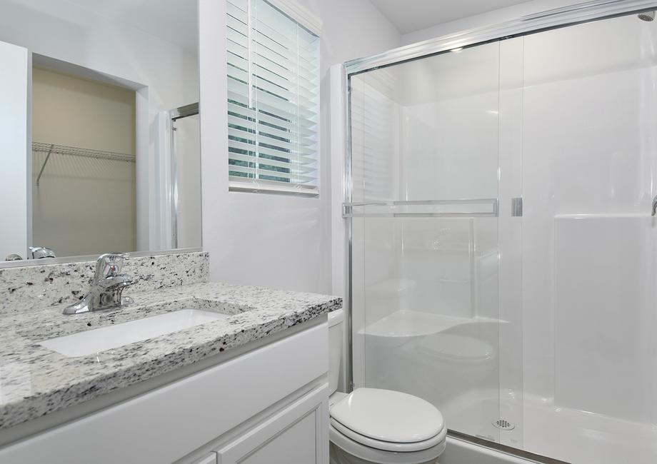 The master bathroom has a step in shower.