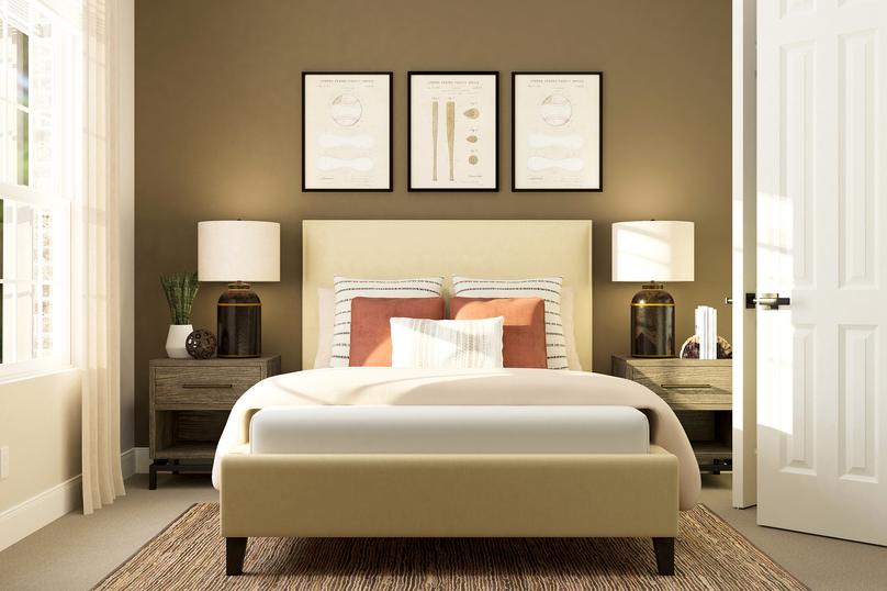 Rendering of a bedroom with carpeted
  flooring and large window. The room is furnished with a bed between two
  nightstands. Decorative baseball artwork hangs above the bed.