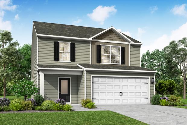 Two-story exterior elevation rendering with shutters.