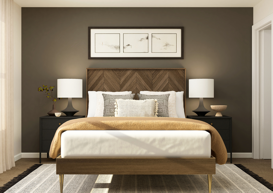 Rendering of a
  master bedroom furnished with a large bed with a wooden bedframe. The bed is
  in between two side tables.Â 